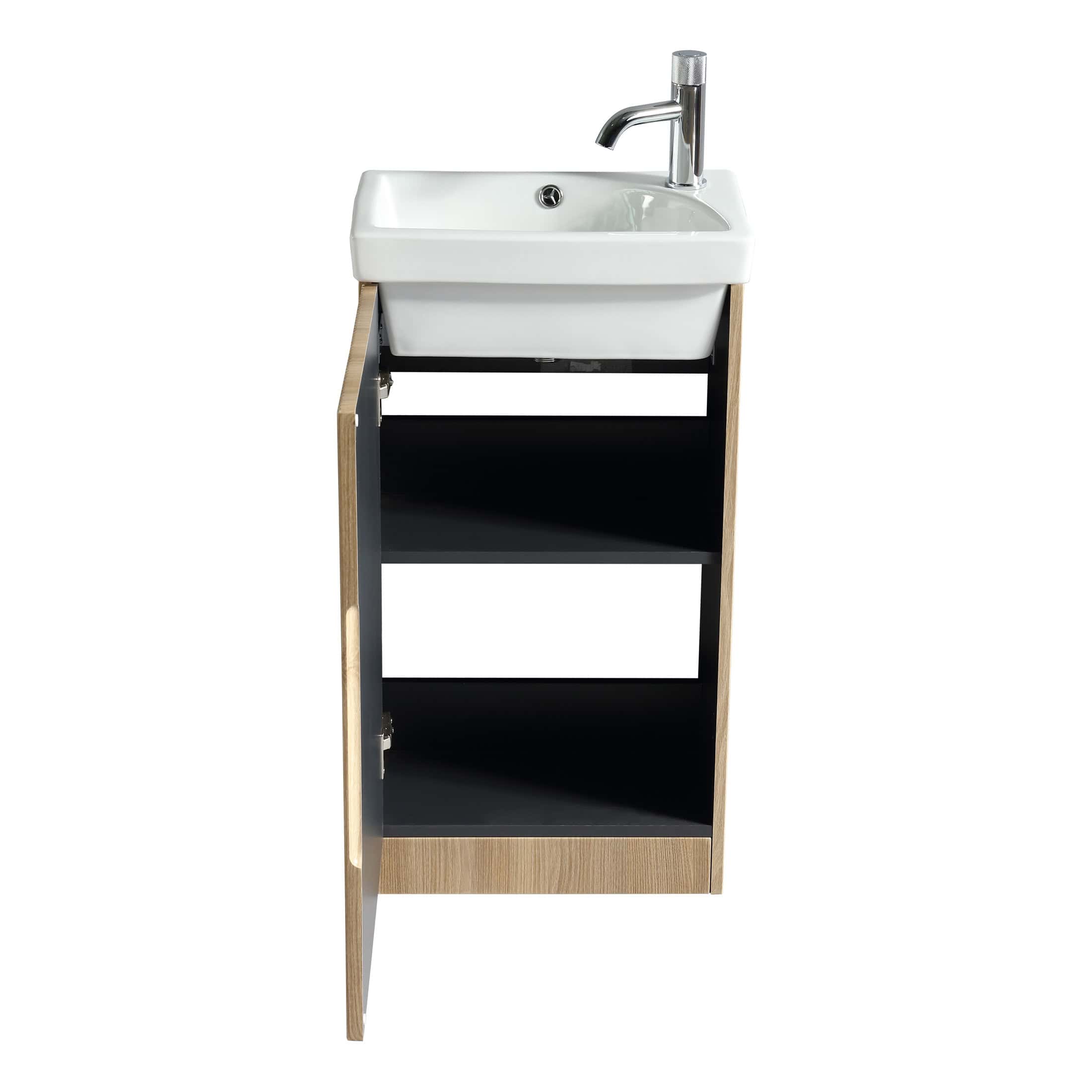 Modern bathroom vanity with sink and open black shelving unit, combining functionality and style for contemporary bathroom designs.