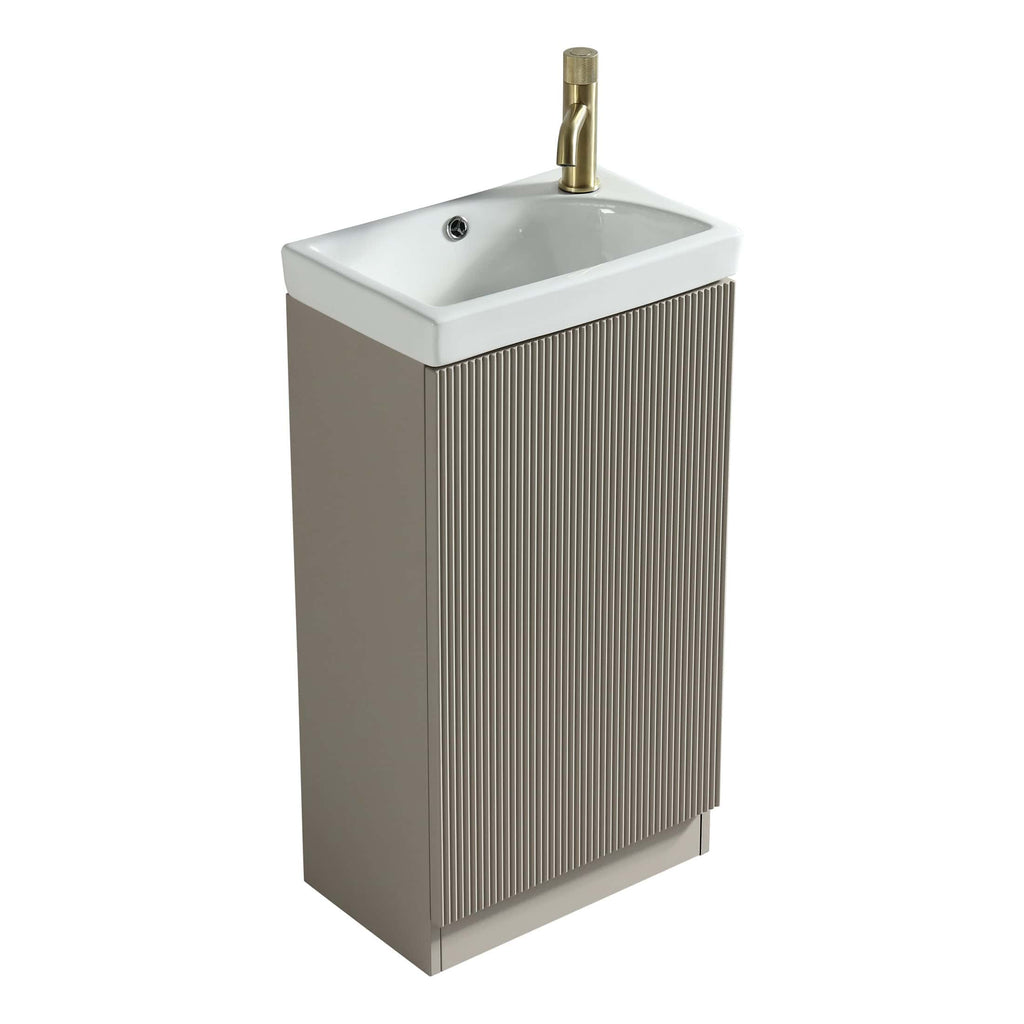 Sleek bathroom vanity with integrated sink and modern gold faucet, perfect for contemporary bathroom decor and dual functionality.