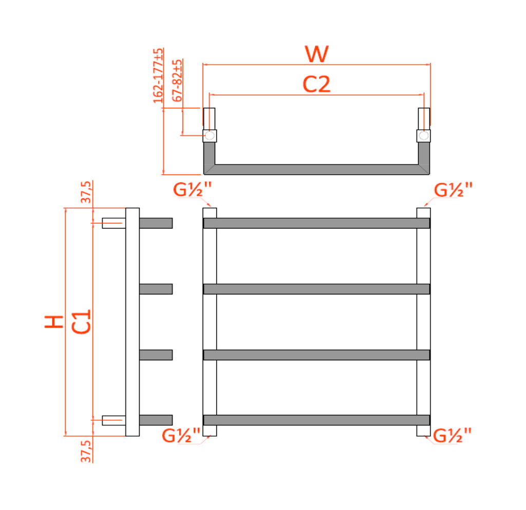 Reina Glora Chrome Heated Towel Rail - technical drawing with dimensions