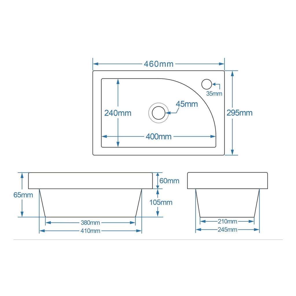 Modern square bathroom sink with detailed measurements, ideal for renovation projects. Perfect for contemporary bathrooms, featuring sleek design and precise installation specifications.