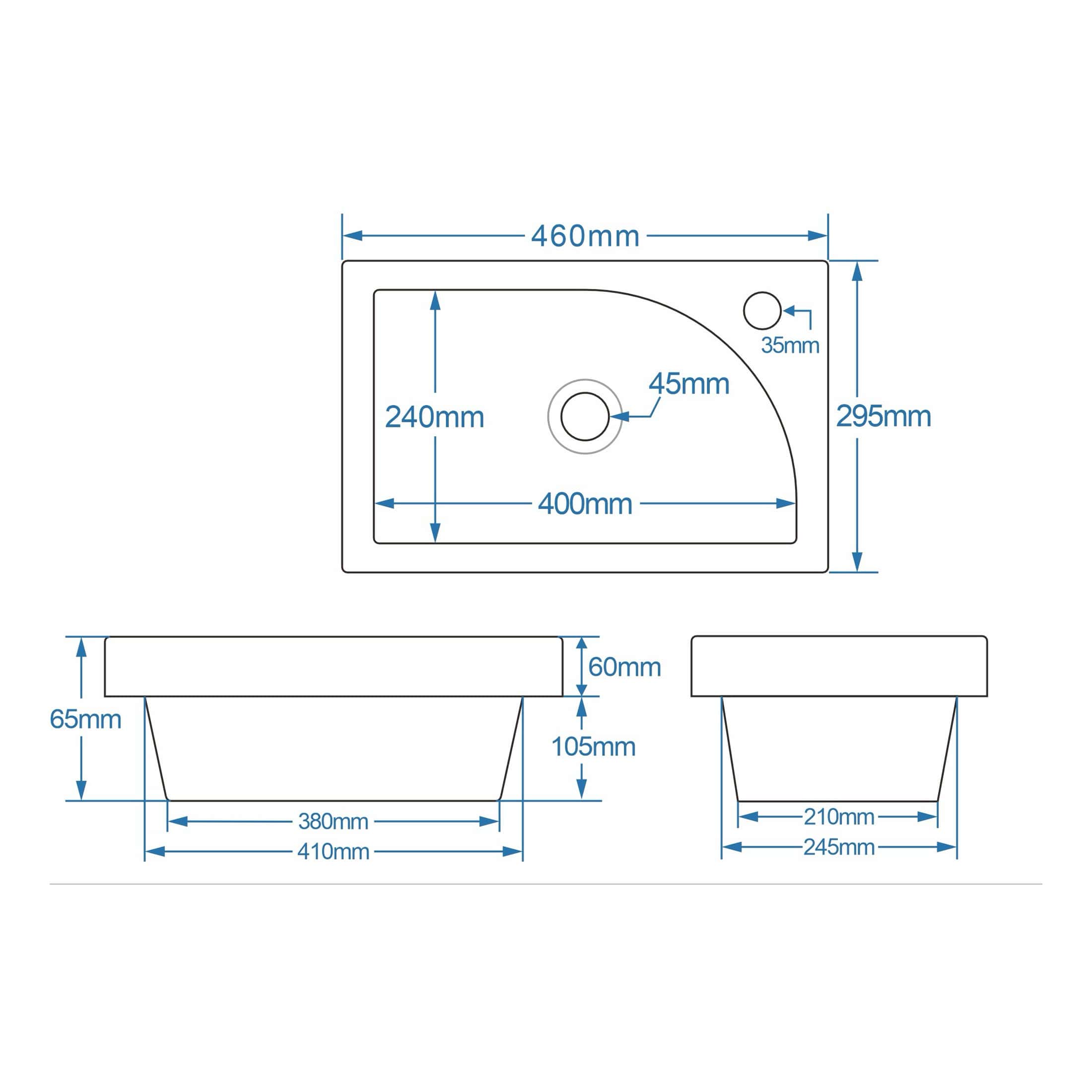 Modern square bathroom sink with detailed measurements, ideal for renovation projects. Perfect for contemporary bathrooms, featuring sleek design and precise installation specifications.