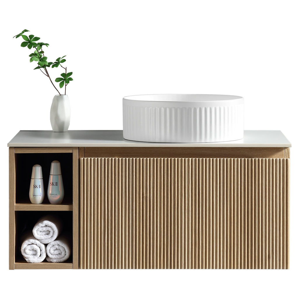 Tailored Flauto 1 Drawer Wall Hung Vanity With Side Storage And Sintered Stone Countertop - 810mm Wide