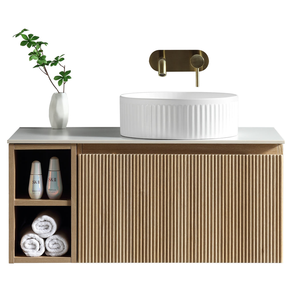 Tailored Flauto 1 Drawer Wall Hung Vanity With Side Storage And Sintered Stone Countertop - 810mm Wide - view 1