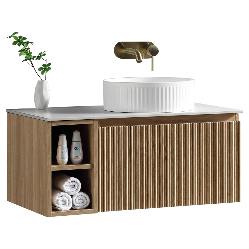 Tailored Flauto 1 Drawer Wall Hung Vanity With Side Storage And Sintered Stone Countertop - 810mm Wide, Country Oak / Right Handed - view 6