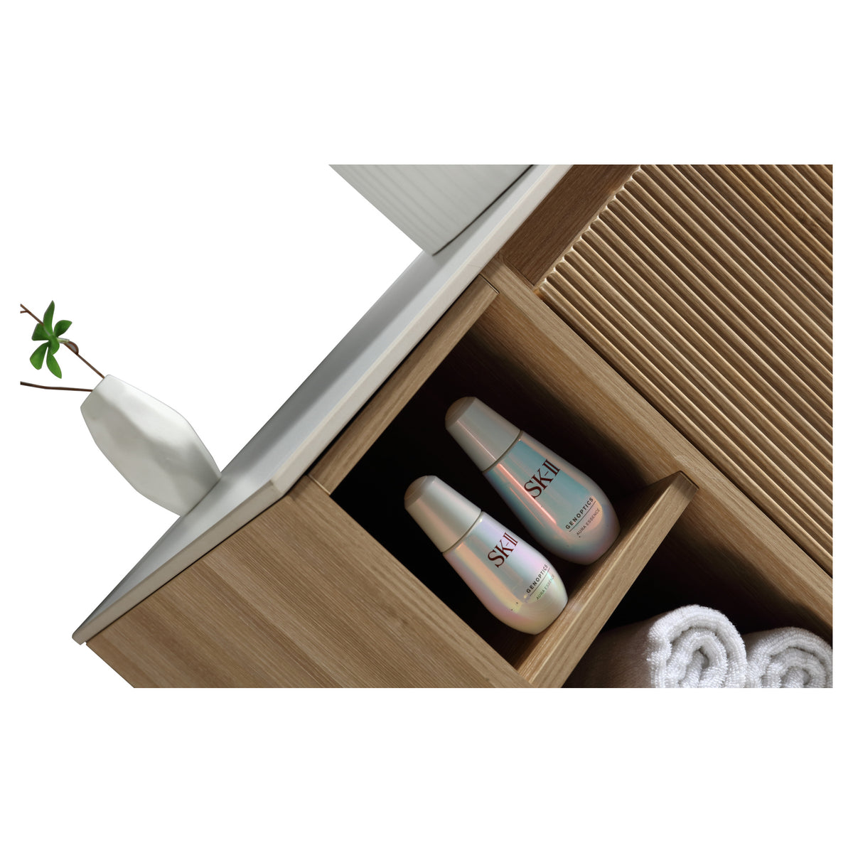 Tailored Flauto 1 Drawer Wall Hung Vanity With Side Storage And Sintered Stone Countertop - 810mm Wide, Country Oak / Right Handed - view 7