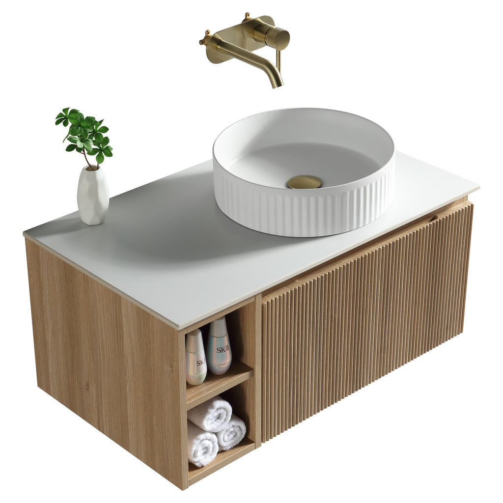 Tailored Flauto 1 Drawer Wall Hung Vanity With Side Storage And Sintered Stone Countertop - 810mm Wide - view 5