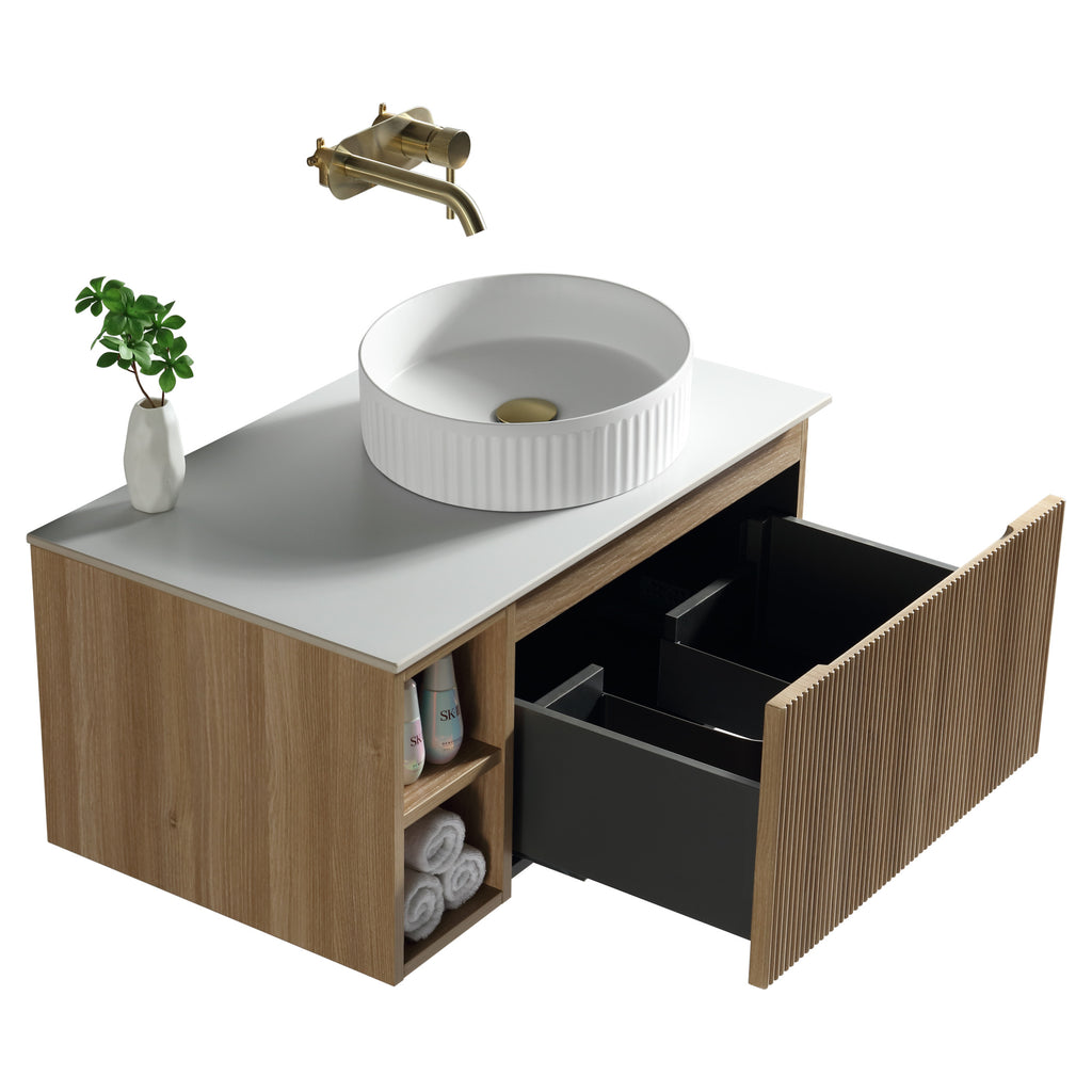 Tailored Flauto 1 Drawer Wall Hung Vanity With Side Storage And Sintered Stone Countertop - 810mm Wide - view 6