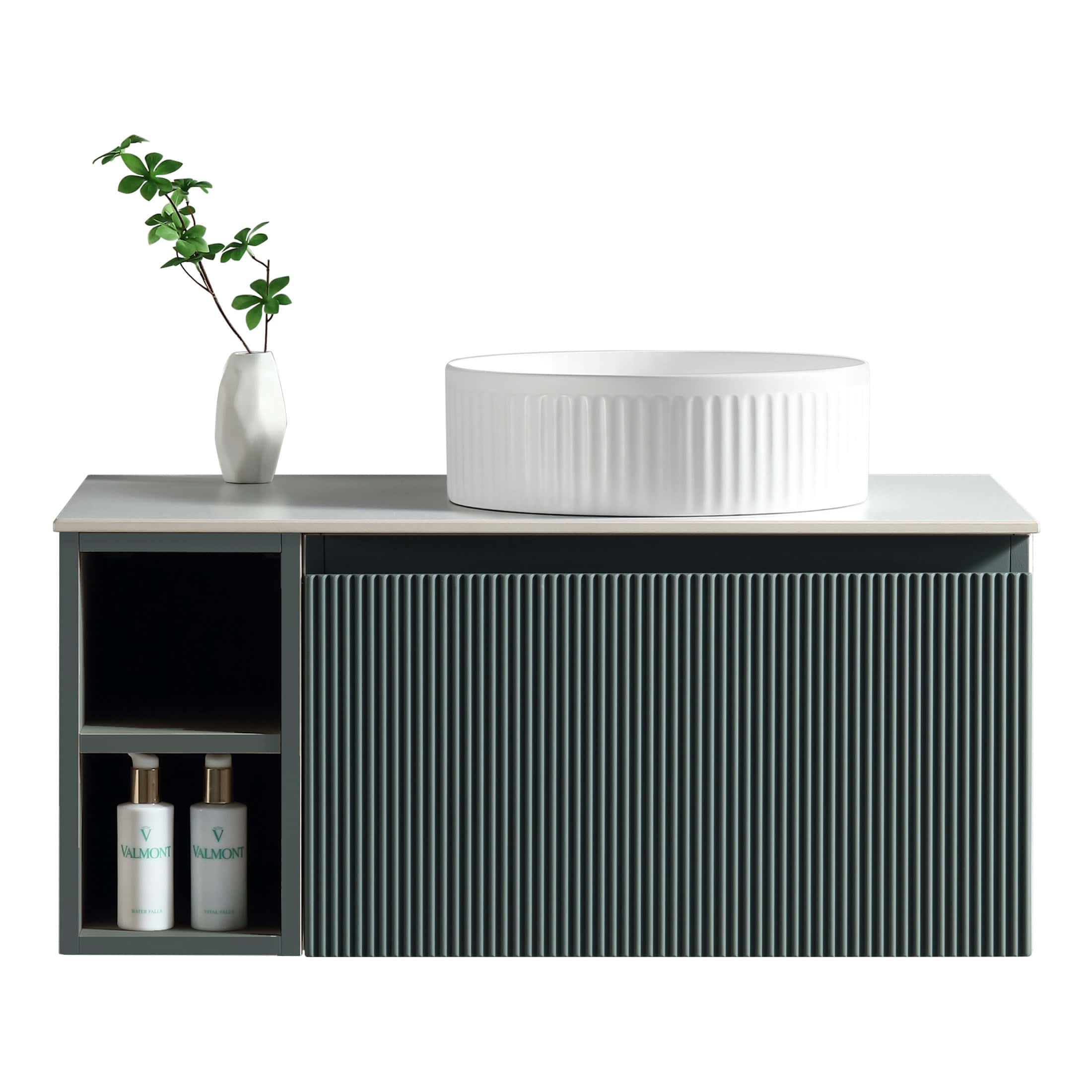 Sleek bathroom vanity with a modern, minimalist design featuring a textured grey finish, a stylish vessel sink, and elegant decorative accessories, ideal for contemporary bathroom interiors.
