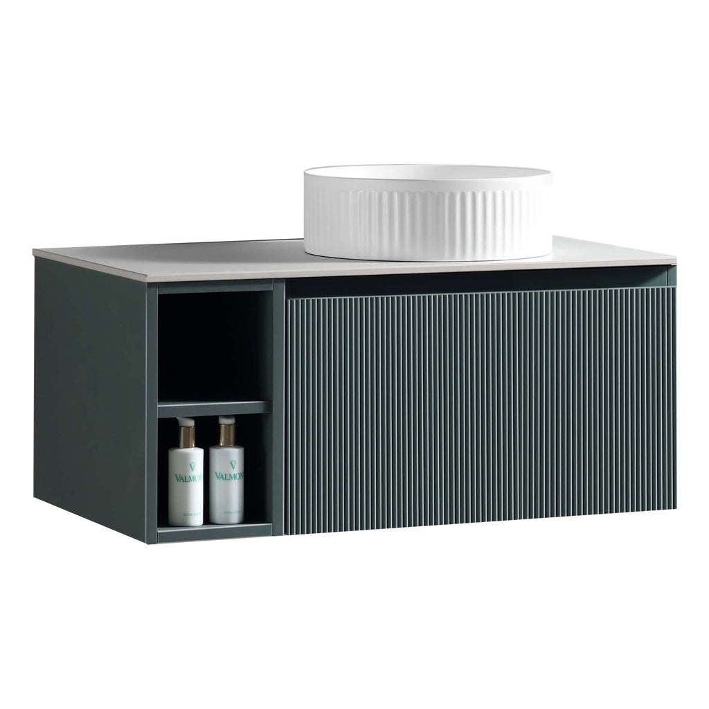Sleek modern bathroom vanity with a textured front panel, open shelving for toiletries, and a stylish white vessel sink, perfect for contemporary bathroom interiors.