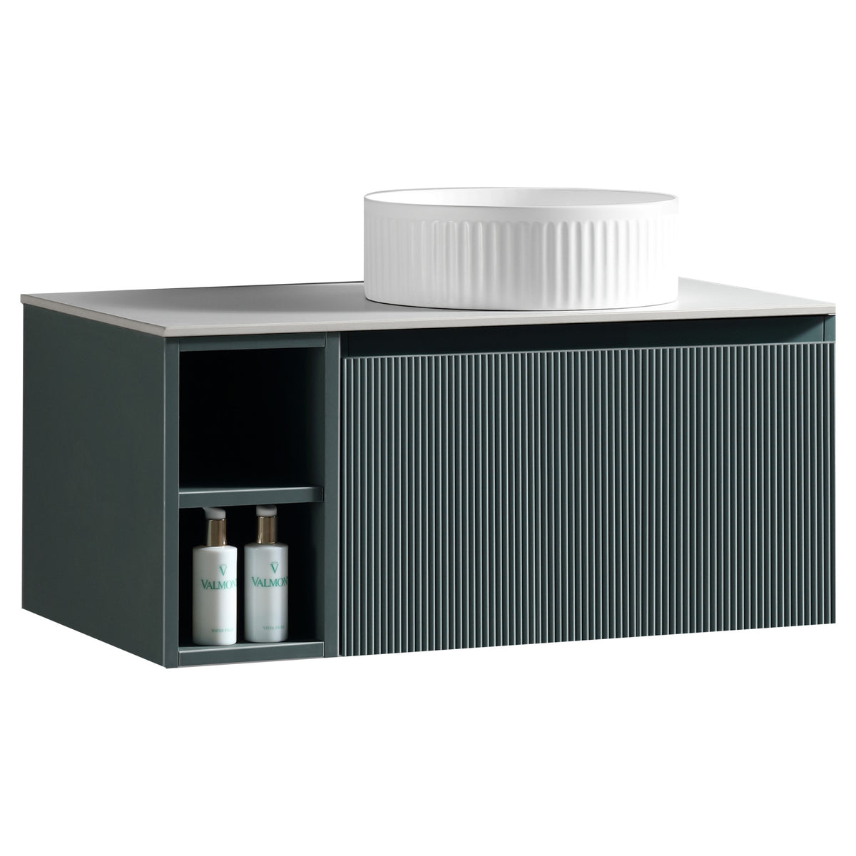 Tailored Flauto 1 Drawer Wall Hung Vanity With Side Storage And Sintered Stone Countertop - 810mm Wide