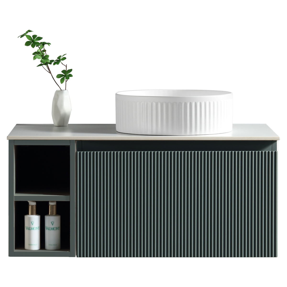 Tailored Flauto 1 Drawer Wall Hung Vanity With Side Storage And Sintered Stone Countertop - 810mm Wide