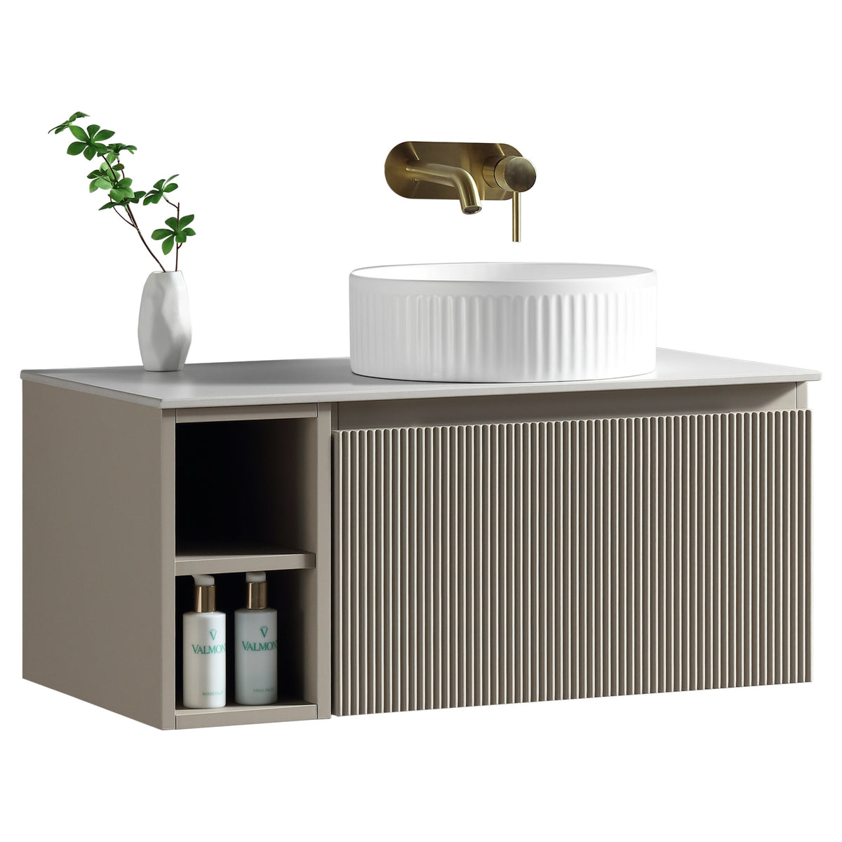 Tailored Flauto 1 Drawer Wall Hung Vanity With Side Storage And Sintered Stone Countertop - 810mm Wide - view 1