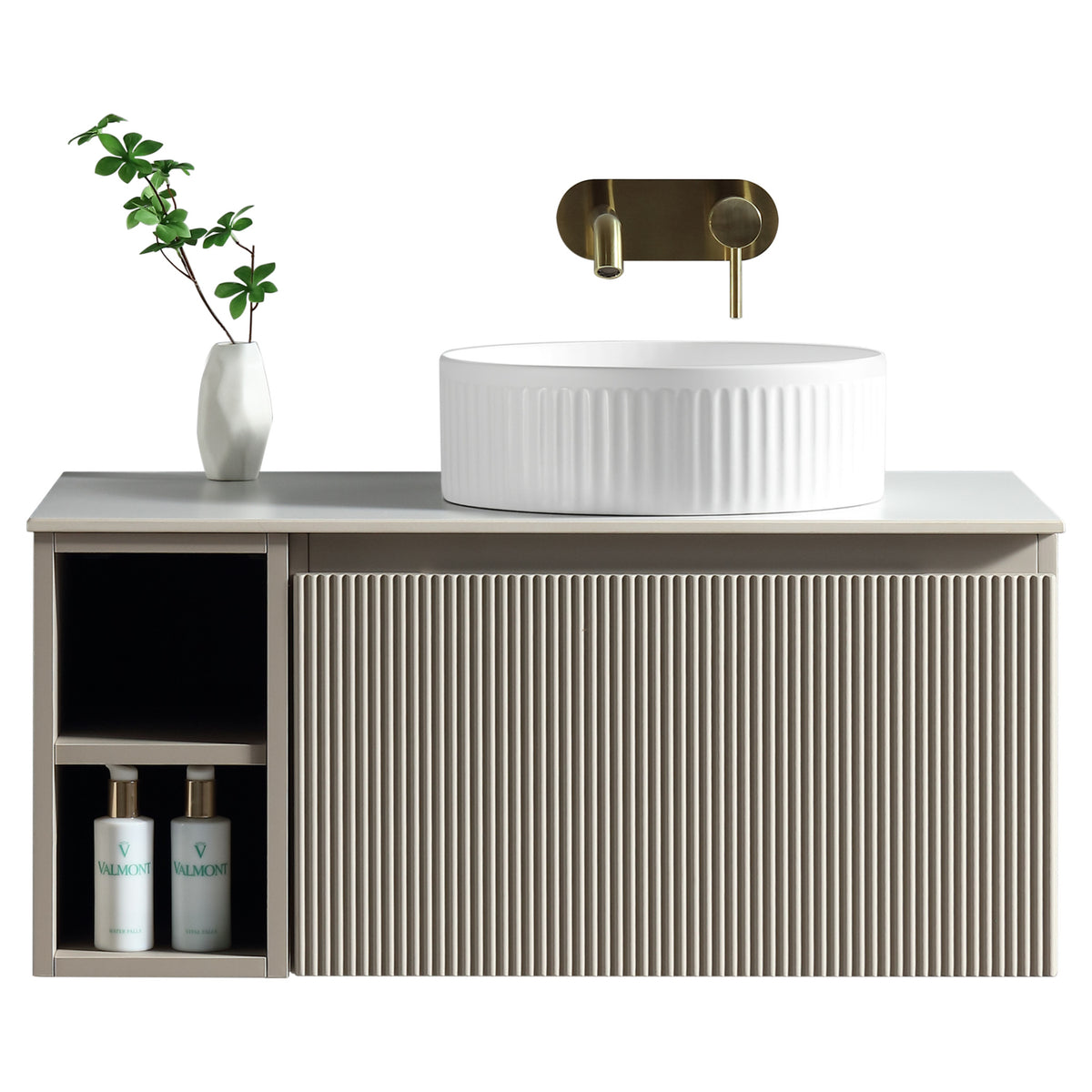 Tailored Flauto 1 Drawer Wall Hung Vanity With Side Storage And Sintered Stone Countertop - 810mm Wide - view 2