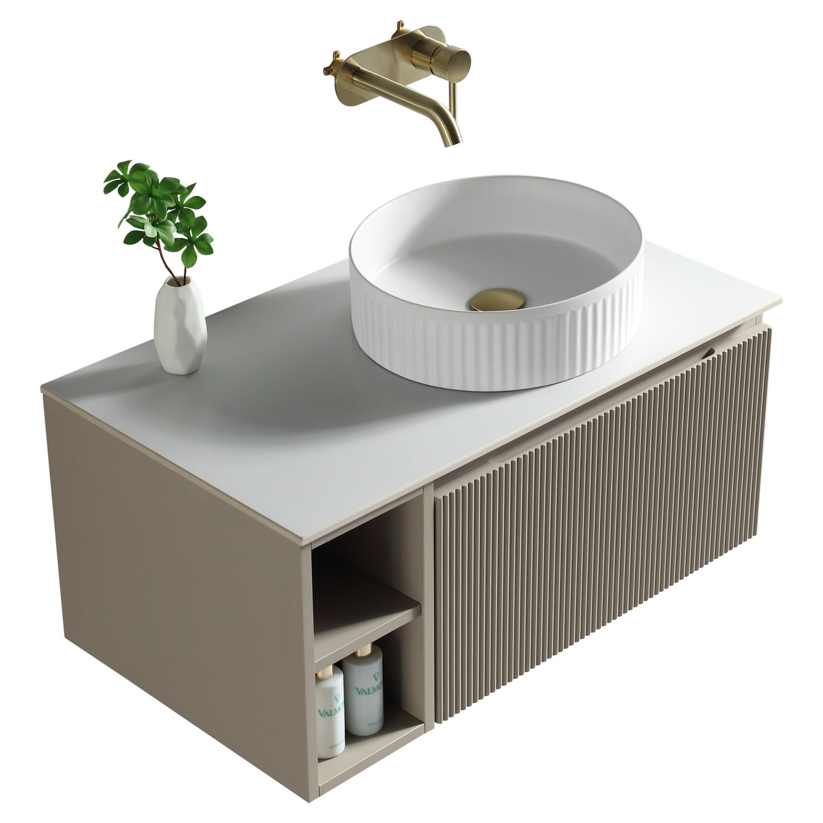 Tailored Flauto 1 Drawer Wall Hung Vanity With Side Storage And Sintered Stone Countertop - 810mm Wide - view 3