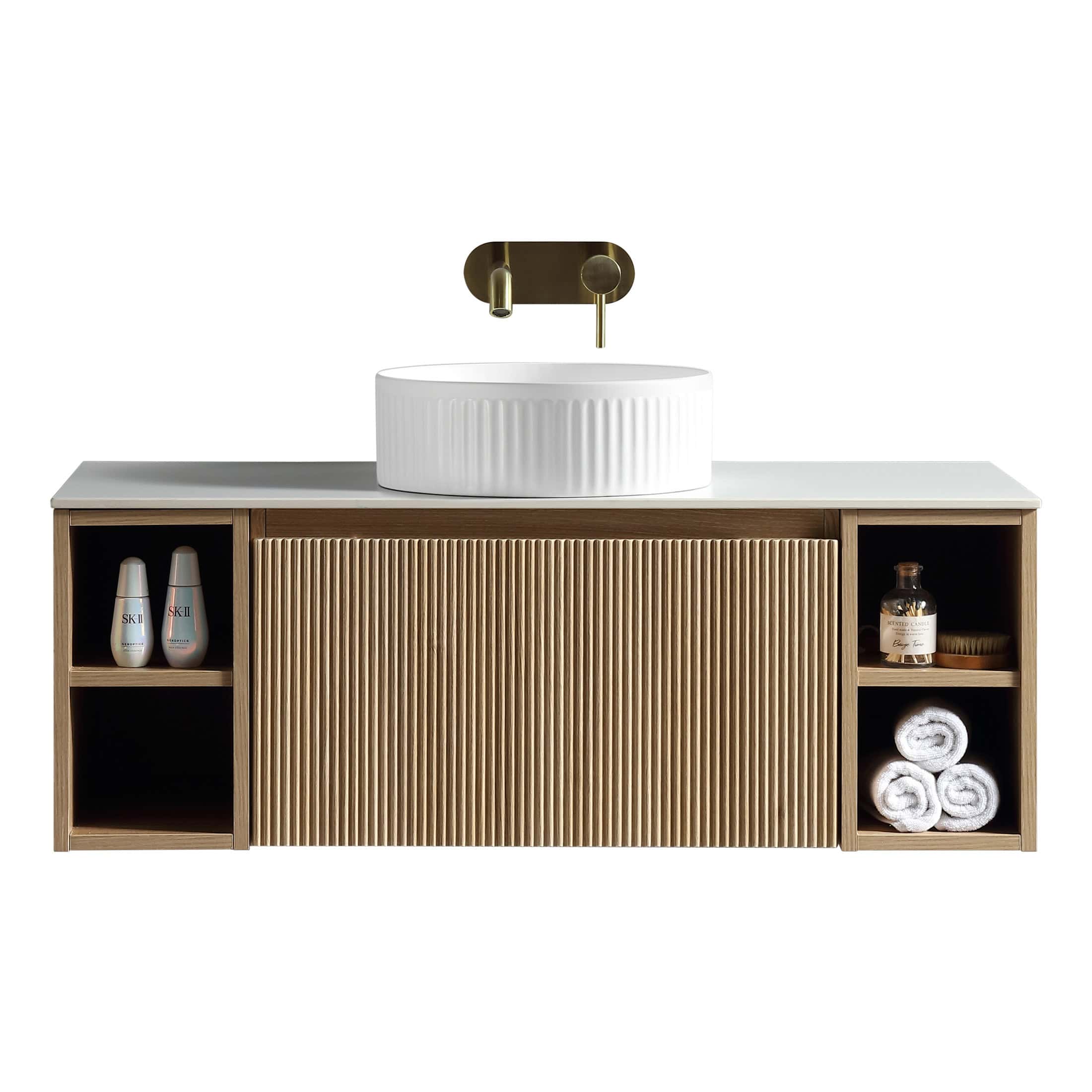 Sleek modern bathroom vanity with wooden finish, white countertop, round vessel sink, and brass wall-mounted faucet, ideal for stylish bathroom decor and storage.