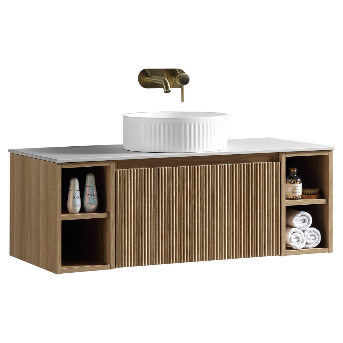 Tailored Flauto 1 Drawer Wall Hung Vanity Unit With 2 Side Storage And Sintered Stone Countertop - 1010mm Wide, Country Oak - view 2