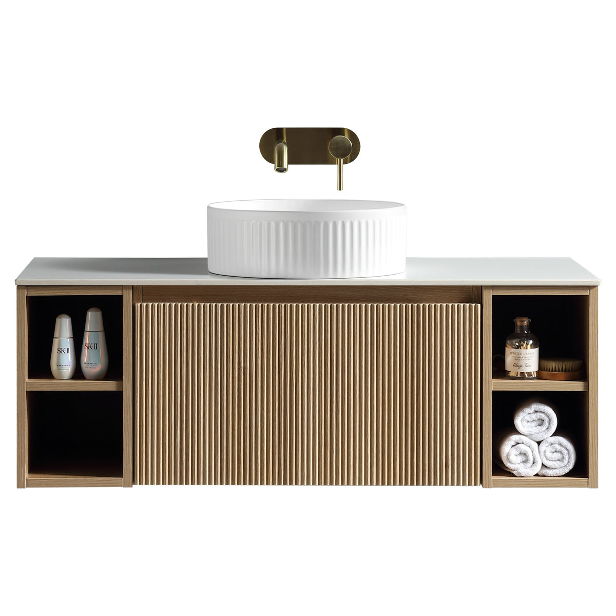 Tailored Flauto 1 Drawer Wall Hung Vanity Unit With 2 Side Storage And Sintered Stone Countertop - 1010mm Wide, Country Oak - view 4