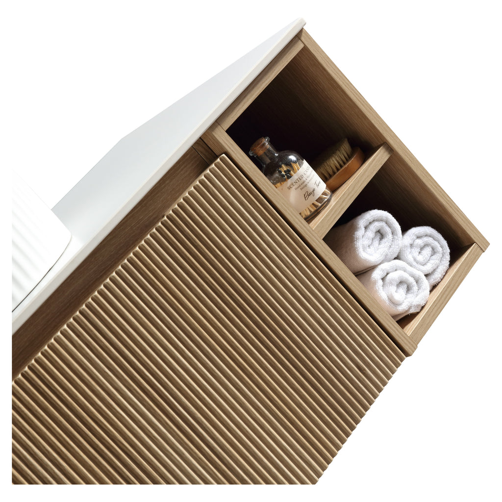 Tailored Flauto 1 Drawer Wall Hung Vanity Unit With 2 Side Storage And Sintered Stone Countertop - 1010mm Wide - Country Oak - view 3