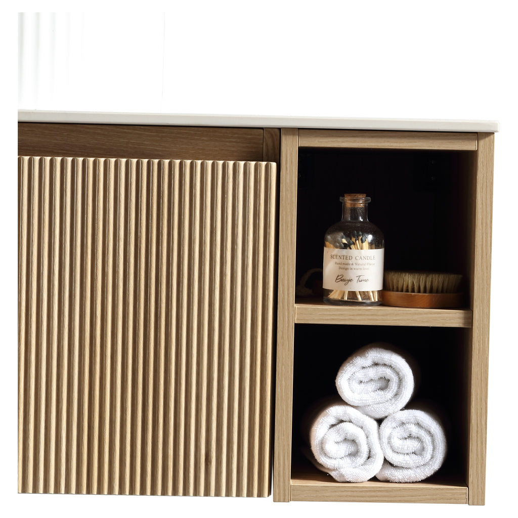 Tailored Flauto 1 Drawer Wall Hung Vanity Unit With 2 Side Storage And Sintered Stone Countertop - 1010mm Wide - Country Oak - view 4