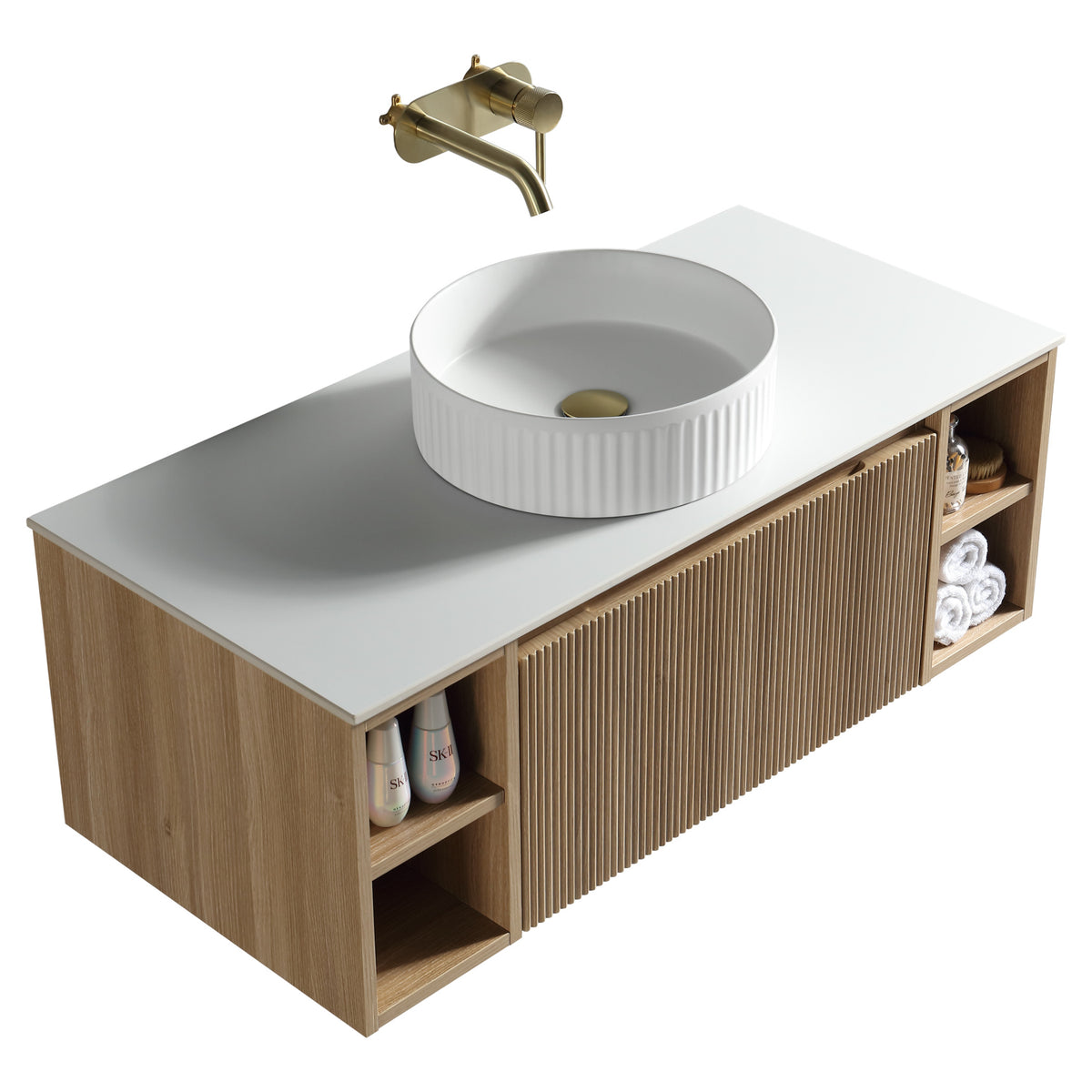 Tailored Flauto 1 Drawer Wall Hung Vanity Unit With 2 Side Storage And Sintered Stone Countertop - 1010mm Wide, Country Oak - view 8