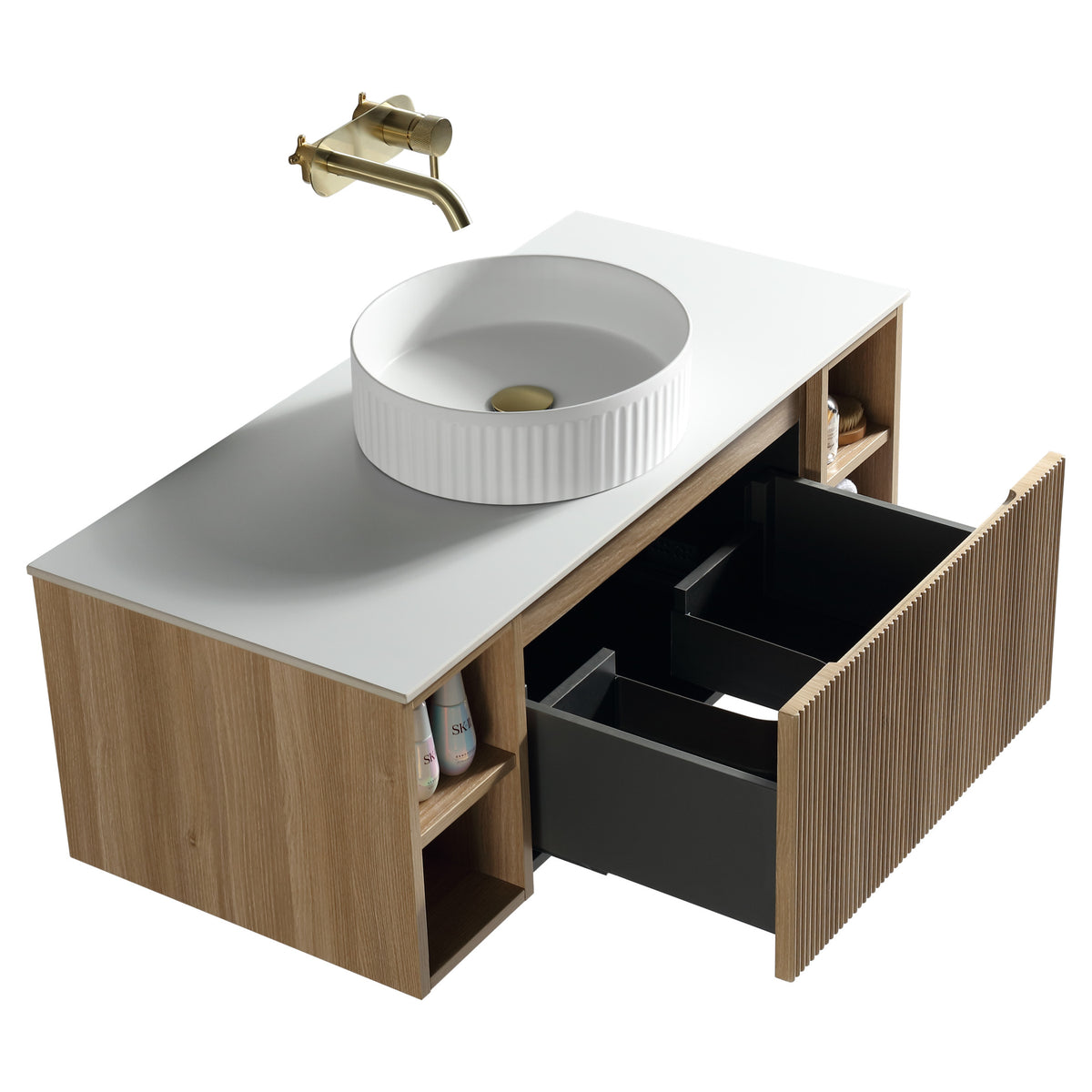 Tailored Flauto 1 Drawer Wall Hung Vanity Unit With 2 Side Storage And Sintered Stone Countertop - 1010mm Wide - Country Oak - view 6