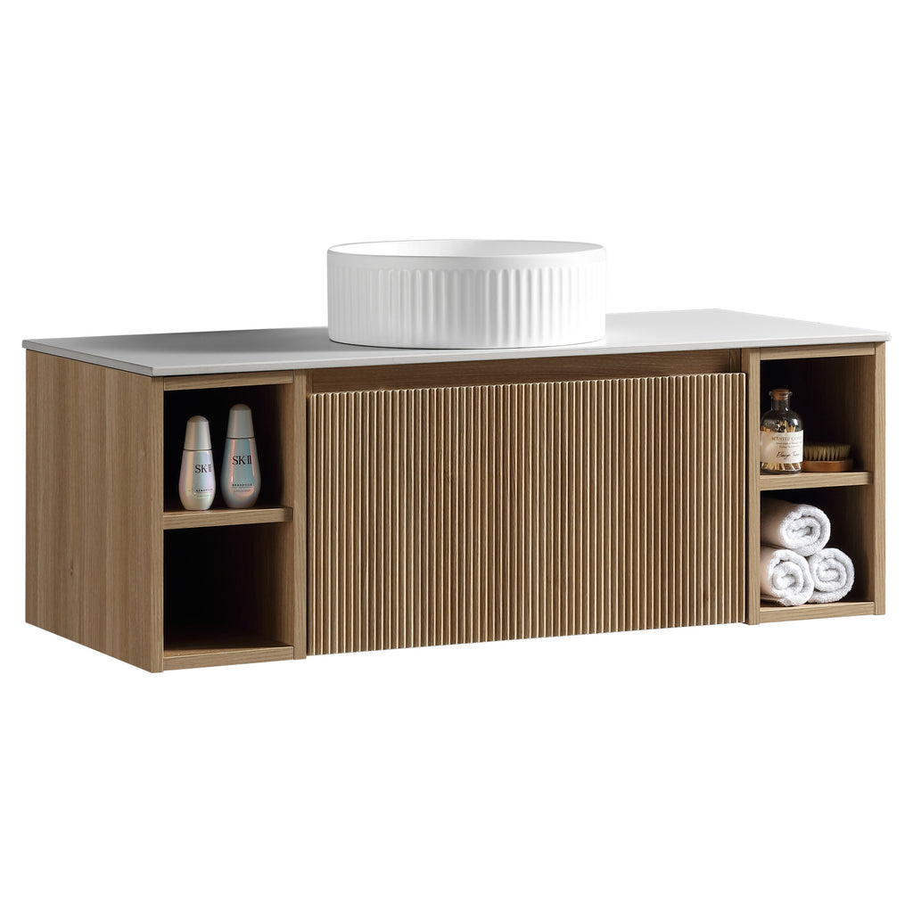 Tailored Flauto 1 Drawer Wall Hung Vanity Unit With 2 Side Storage And Sintered Stone Countertop - 1010mm Wide - Country Oak