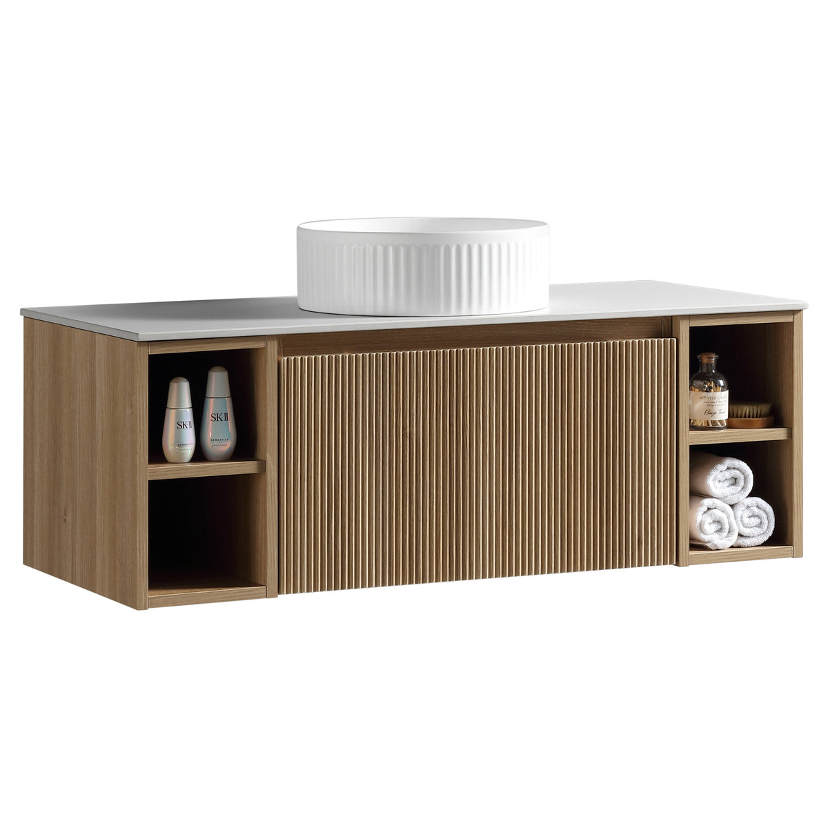 Tailored Flauto 1 Drawer Wall Hung Vanity Unit With 2 Side Storage And Sintered Stone Countertop - 1010mm Wide - Country Oak