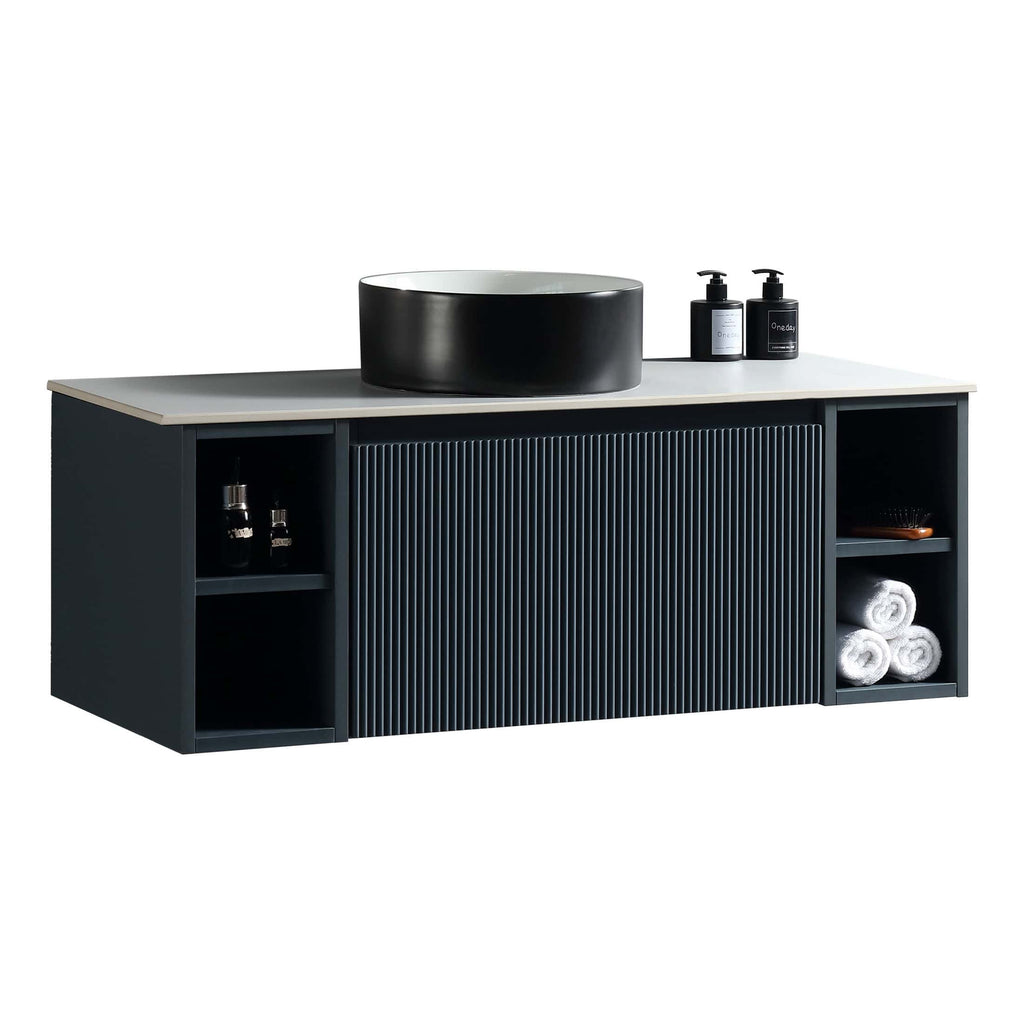 Sleek modern bathroom vanity unit with a black circular vessel sink, open shelving for towels and accessories, ideal for contemporary bathroom decor.