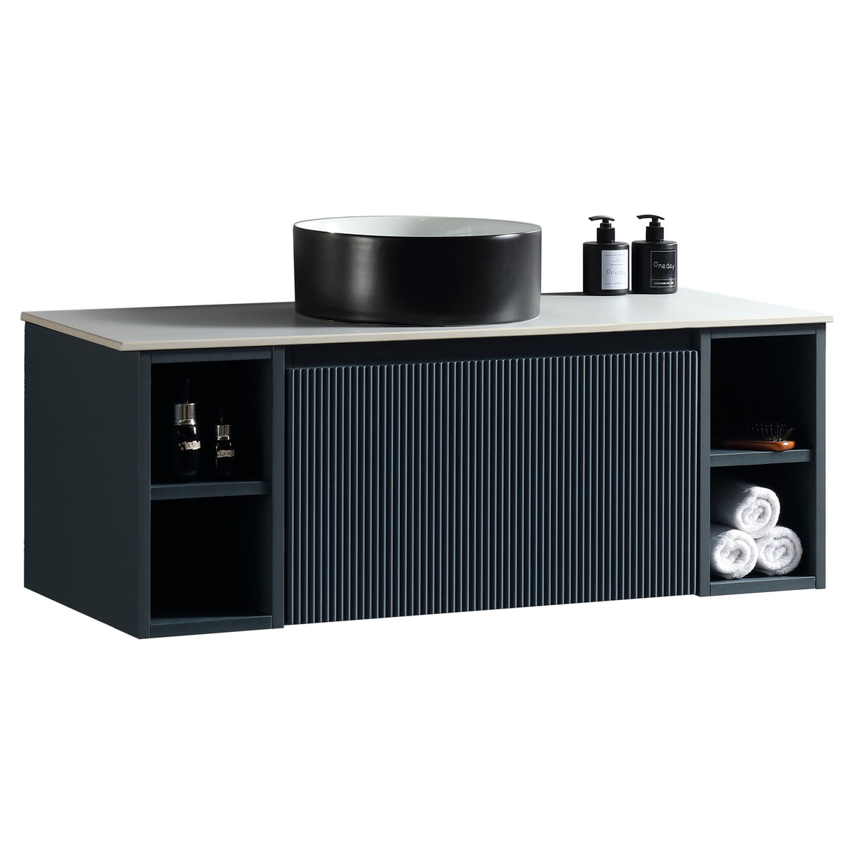 Tailored Flauto 1 Drawer Wall Hung Vanity Unit With 2 Side Storage And Sintered Stone Countertop - 1010mm Wide - Midnight Shadow - view 1