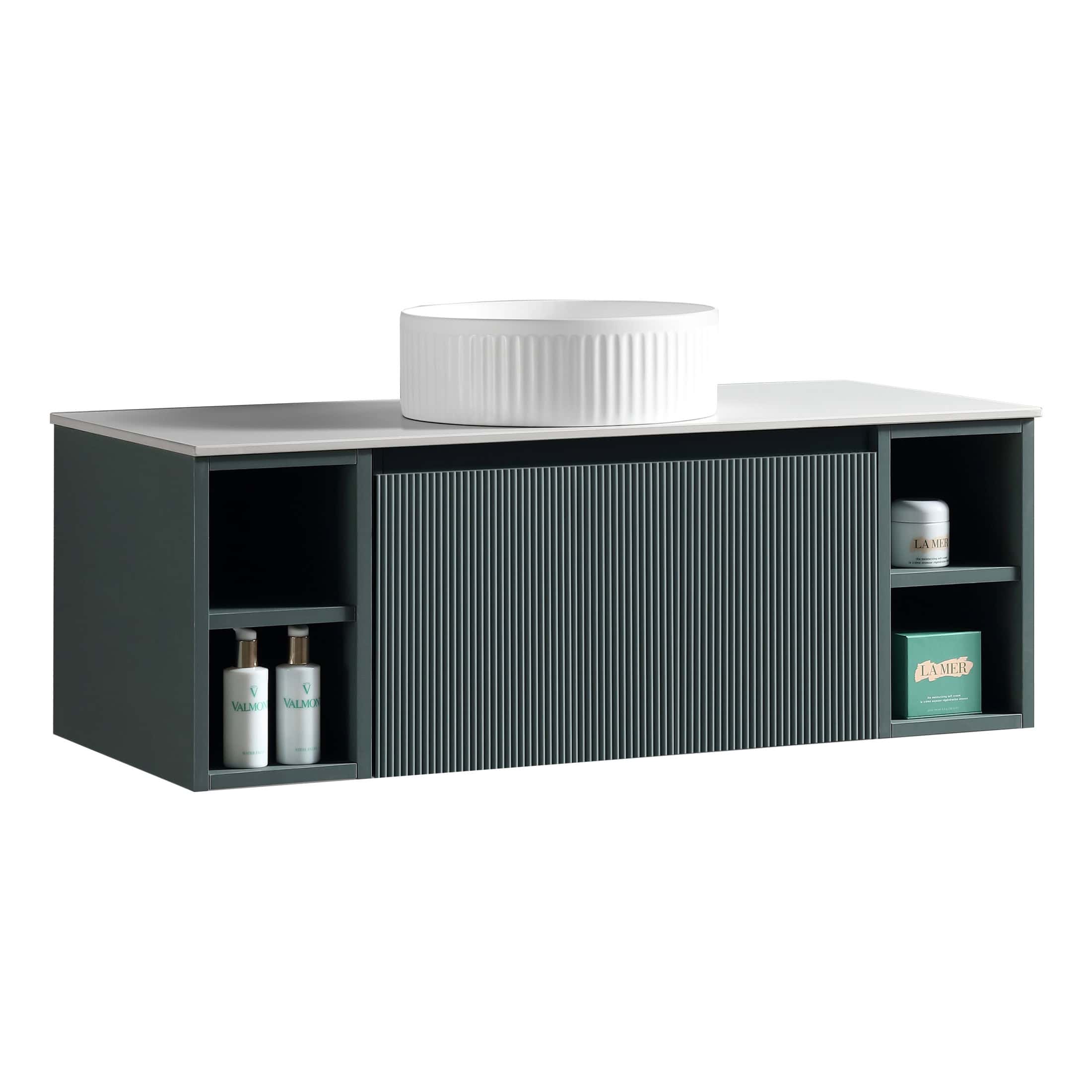 Stylish modern bathroom vanity unit with a sleek grey finish, spacious storage compartments, and a minimalist design, perfect for contemporary bathroom interiors.