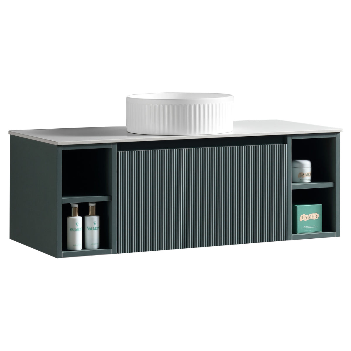 Tailored Flauto 1 Drawer Wall Hung Vanity Unit With 2 Side Storage And Sintered Stone Countertop - 1010mm Wide - Smoked Sage