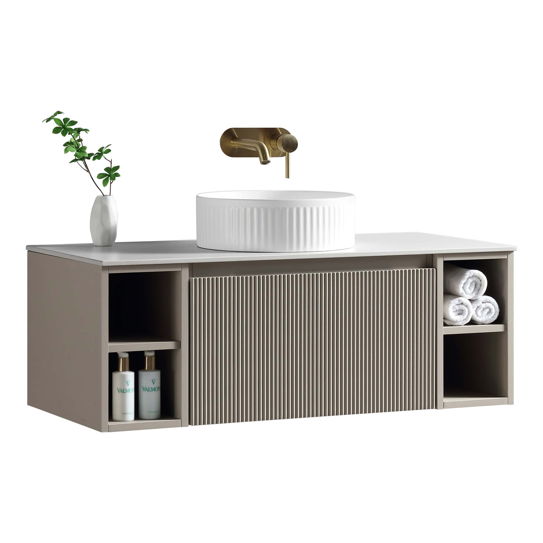 Modern bathroom vanity with a beige finish, open shelving for towels and toiletries, and a stylish white vessel sink with a brass wall-mounted faucet. Perfect for contemporary bathroom designs.