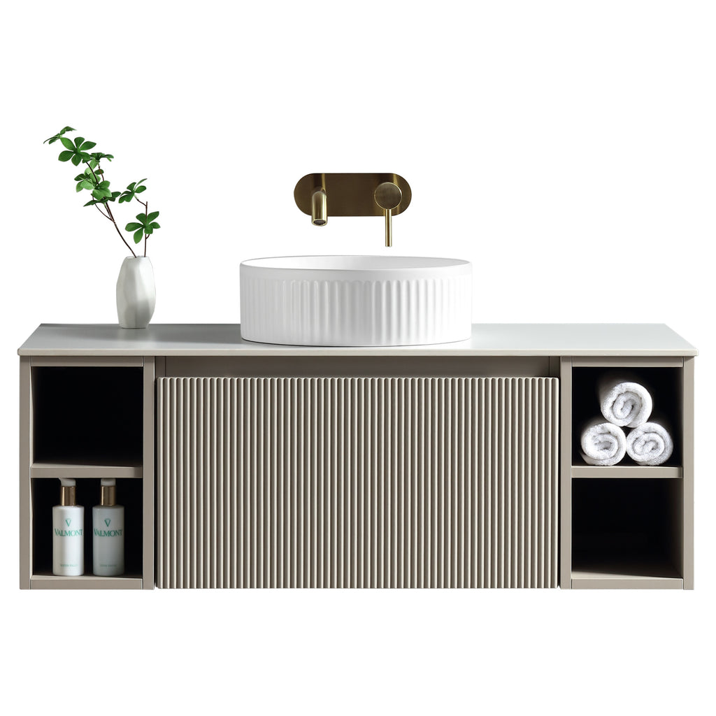 Tailored Flauto 1 Drawer Wall Hung Vanity Unit With 2 Side Storage And Sintered Stone Countertop - 1010mm Wide - Soft Coffee - view 1