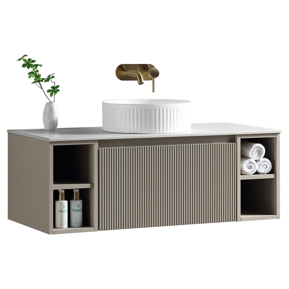 Tailored Flauto 1 Drawer Wall Hung Vanity Unit With 2 Side Storage And Sintered Stone Countertop - 1010mm Wide - Soft Coffee - view 2