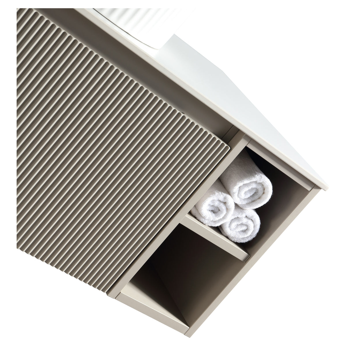 Tailored Flauto 1 Drawer Wall Hung Vanity Unit With 2 Side Storage And Sintered Stone Countertop - 1010mm Wide - Soft Coffee - view 4