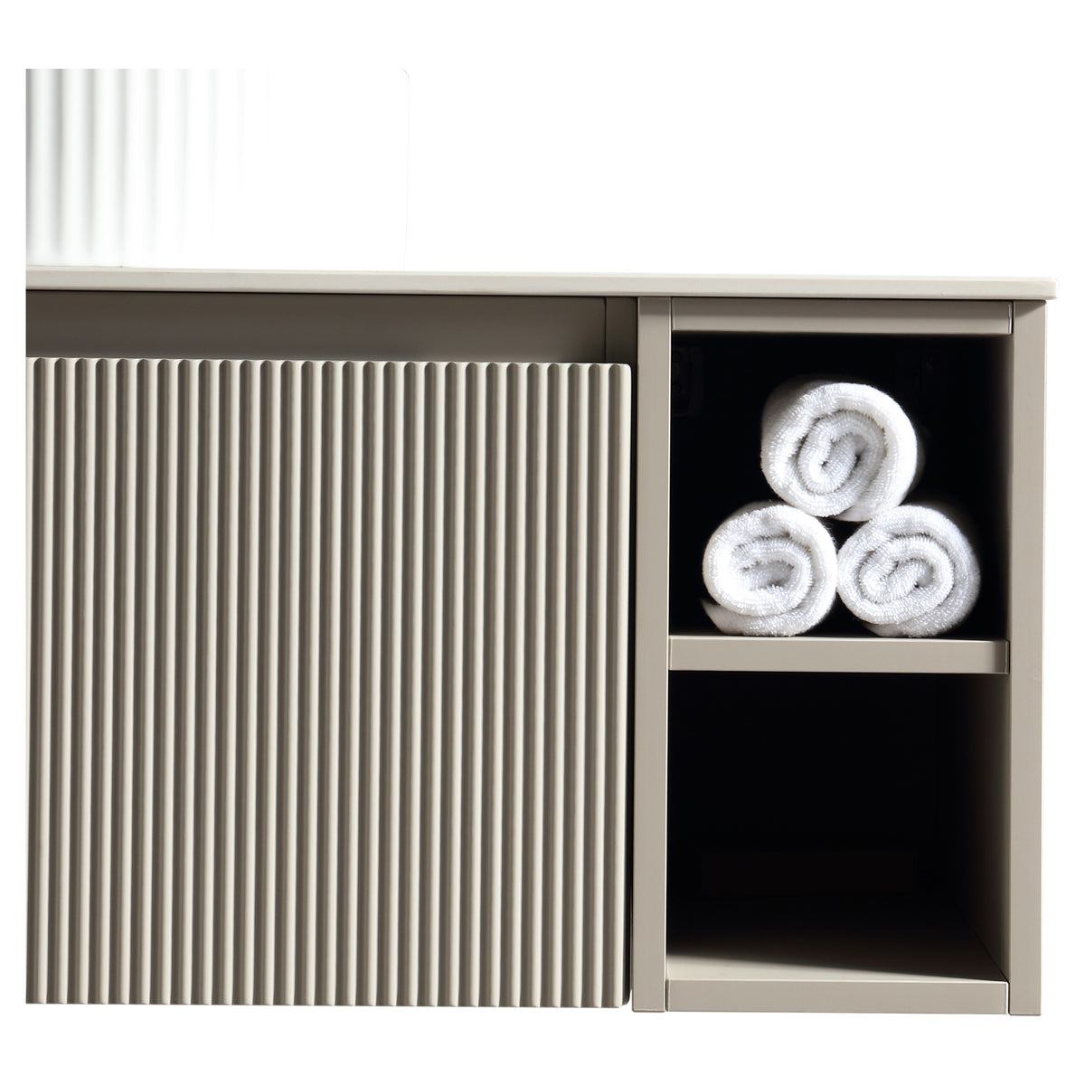 Tailored Flauto 1 Drawer Wall Hung Vanity Unit With 2 Side Storage And Sintered Stone Countertop - 1010mm Wide - Soft Coffee - view 5