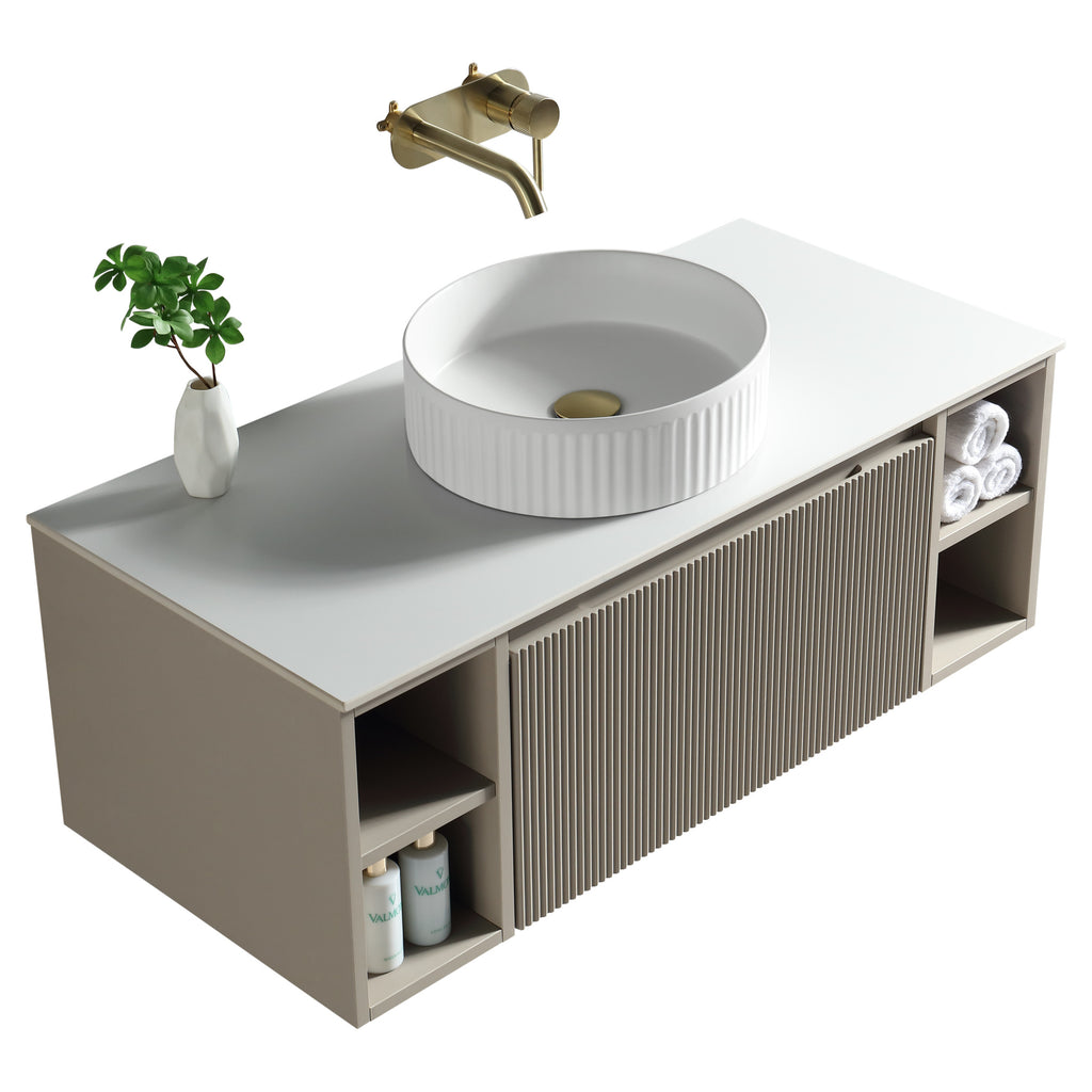 Tailored Flauto 1 Drawer Wall Hung Vanity Unit With 2 Side Storage And Sintered Stone Countertop - 1010mm Wide - Soft Coffee - view 6