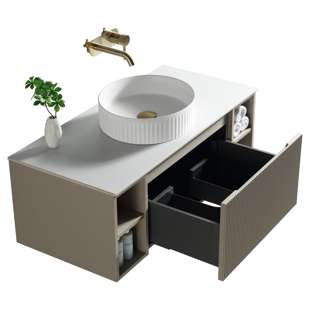 Tailored Flauto 1 Drawer Wall Hung Vanity Unit With 2 Side Storage And Sintered Stone Countertop - 1010mm Wide - Soft Coffee - view 7