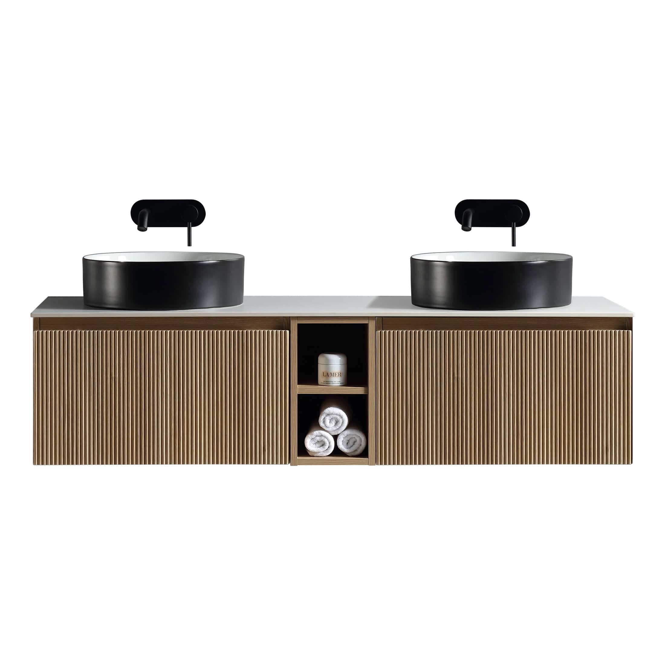 Contemporary double bathroom vanity with two black vessel sinks, sleek black wall-mounted faucets, and a wooden slatted cabinet with open shelving for towels and accessories, ideal for modern bathrooms.