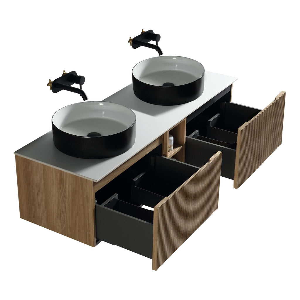 Double modern bathroom vanity with black vessel sinks and wooden finish, featuring ample storage drawers, perfect for stylish and functional bathroom decor.