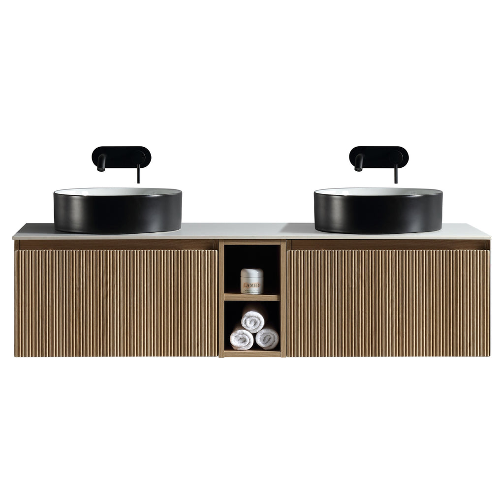 Tailored Flauto 2 Drawer Double Wall Hung Vanity Unit With Side Storage And Sintered Stone Countertop - 1410mm Wide - Country Oak - view 1
