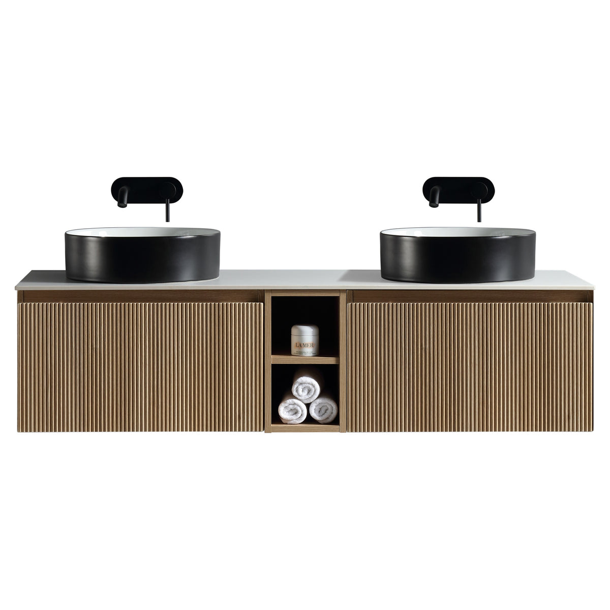 Tailored Flauto 2 Drawer Double Wall Hung Vanity Unit With Side Storage And Sintered Stone Countertop - 1410mm Wide - Country Oak - view 1
