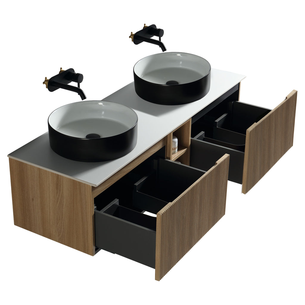 Tailored Flauto 2 Drawer Double Wall Hung Vanity Unit With Side Storage And Sintered Stone Countertop - 1410mm Wide, Country Oak - view 3