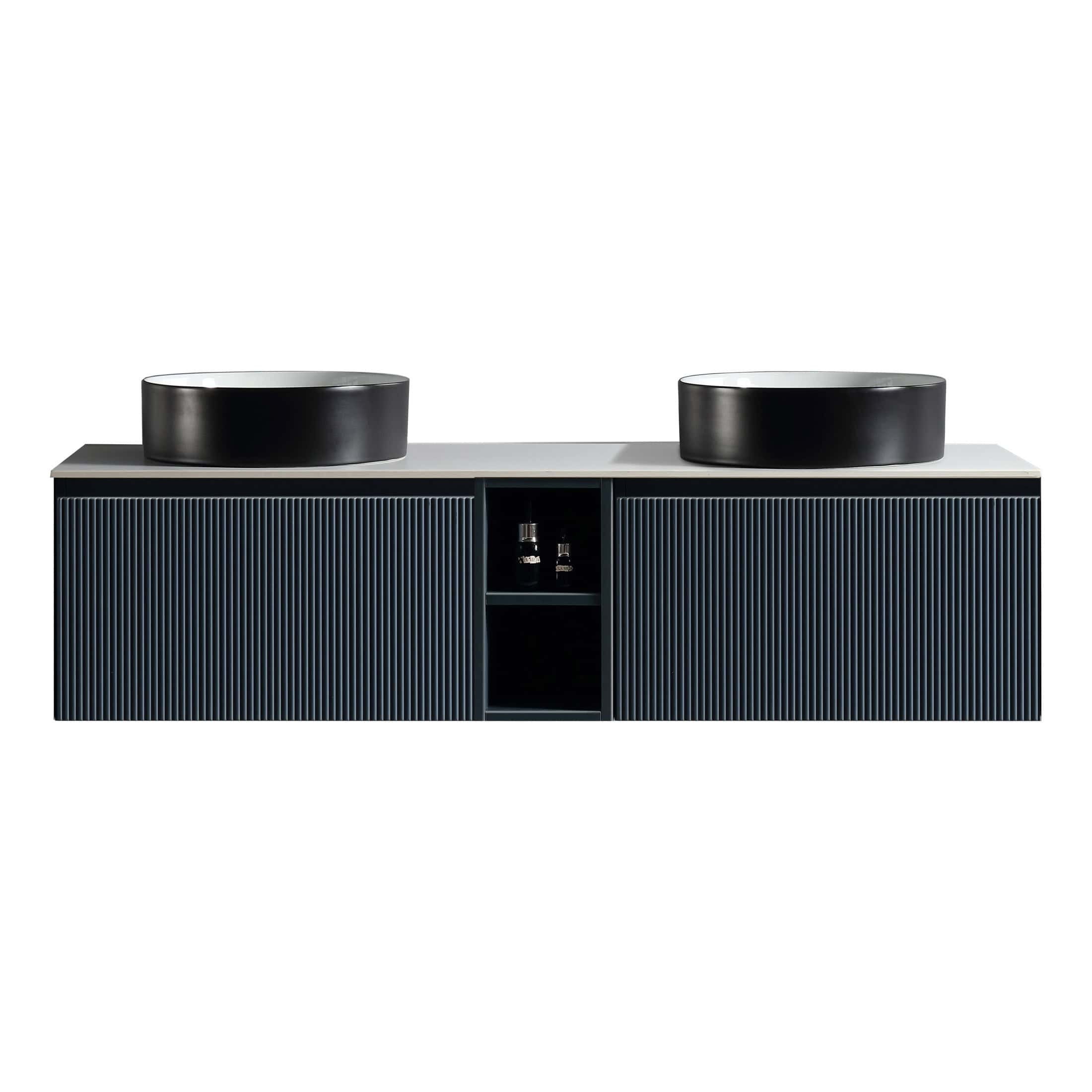 Modern double bathroom vanity with black vessel sinks and textured navy blue cabinet, ideal for stylish bathroom upgrades and contemporary interior design.