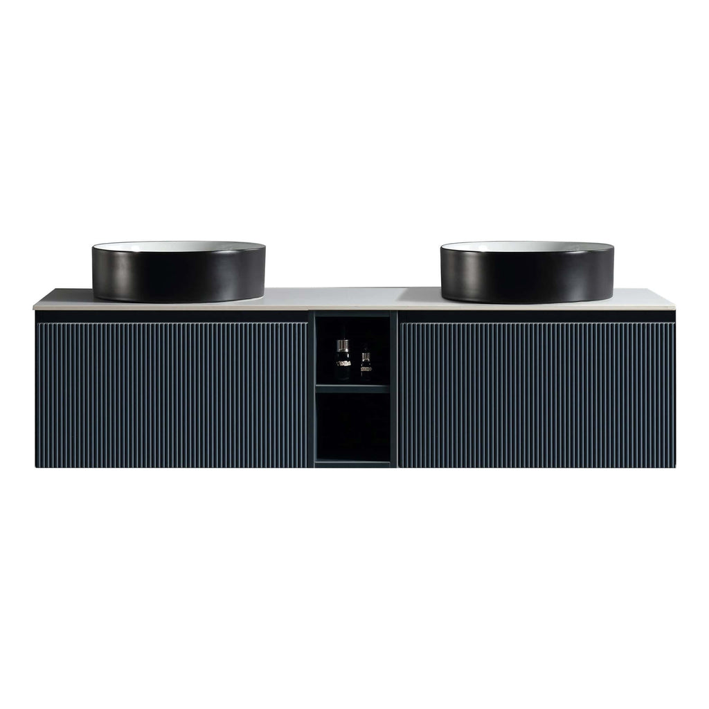 Modern double bathroom vanity with black vessel sinks and textured navy blue cabinet, ideal for stylish bathroom upgrades and contemporary interior design.