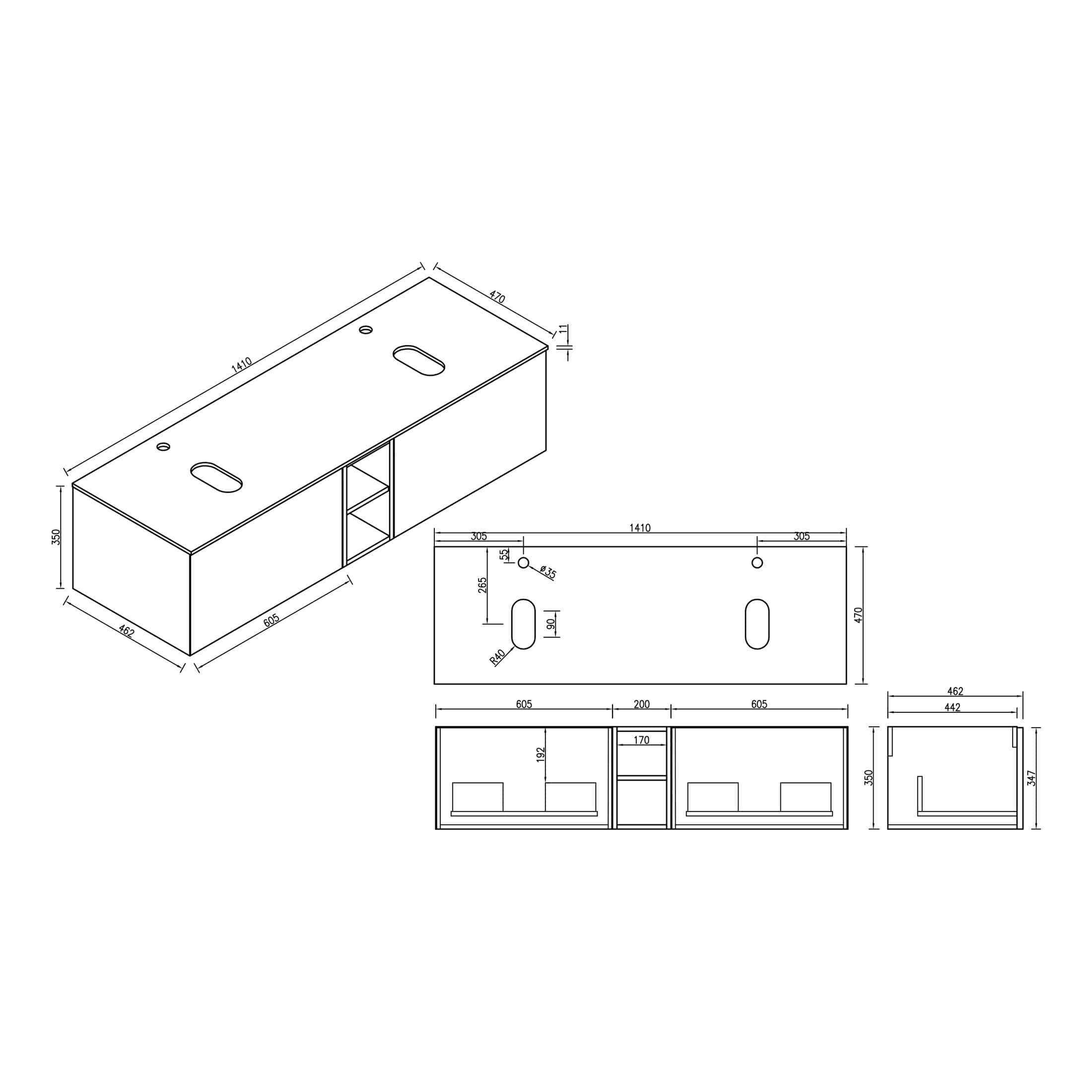 Stylish modern bathroom vanity with double sinks, ample storage, and sleek design, perfect for contemporary bathrooms. Includes detailed technical drawings and measurements for installation.