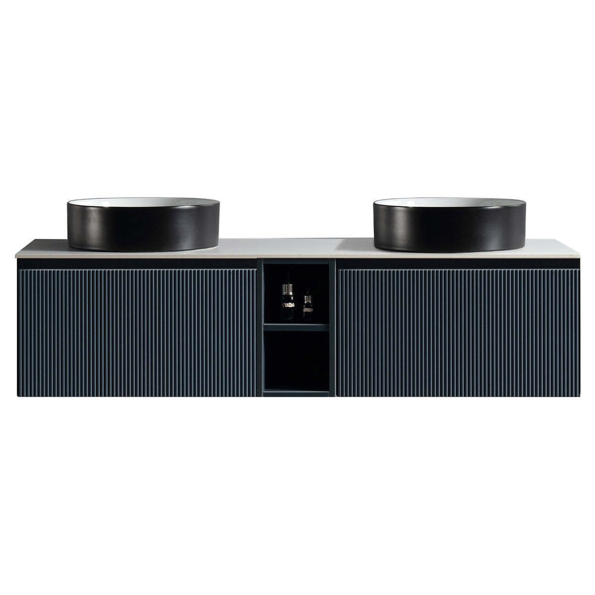Tailored Flauto 2 Drawer Double Wall Hung Vanity Unit With Side Storage And Sintered Stone Countertop - 1410mm Wide, Midnight Shadow
