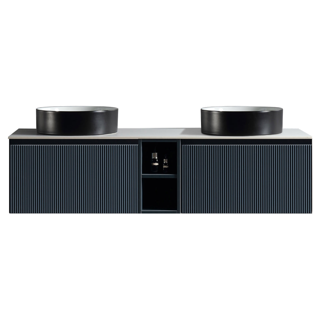 Tailored Flauto 2 Drawer Double Wall Hung Vanity Unit With Side Storage And Sintered Stone Countertop - 1410mm Wide - Midnight Shadow