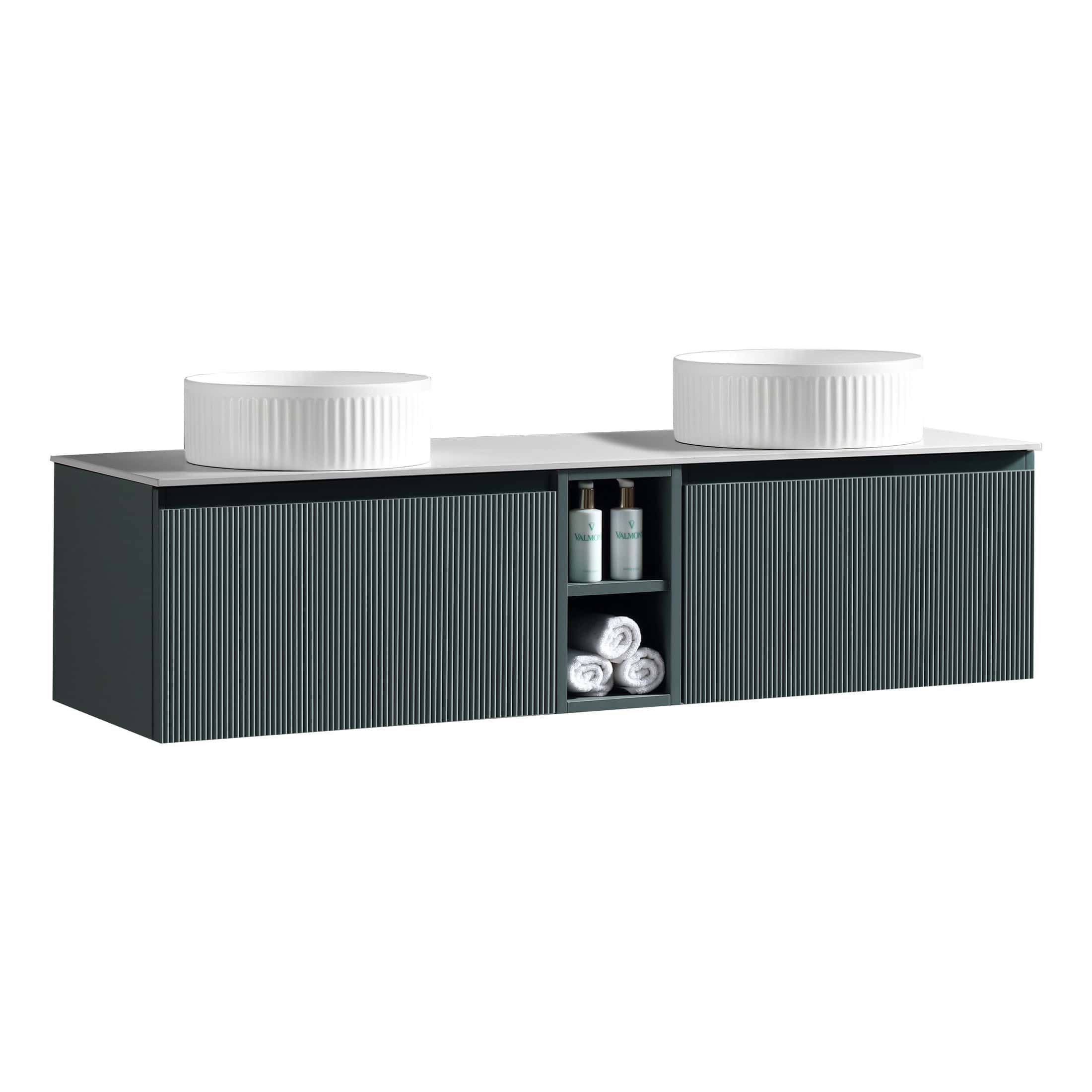 Sleek modern bathroom vanity unit with dual white vessel sinks, grey ribbed cabinetry, and open shelving for towels and toiletries, ideal for contemporary bathroom design.