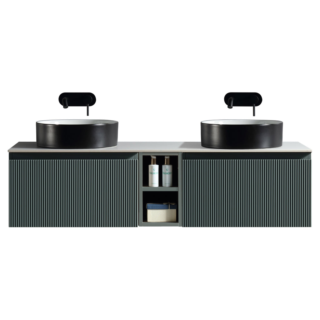 Tailored Flauto 2 Drawer Double Wall Hung Vanity Unit With Side Storage And Sintered Stone Countertop - 1410mm Wide - Smoked Sage - view 1
